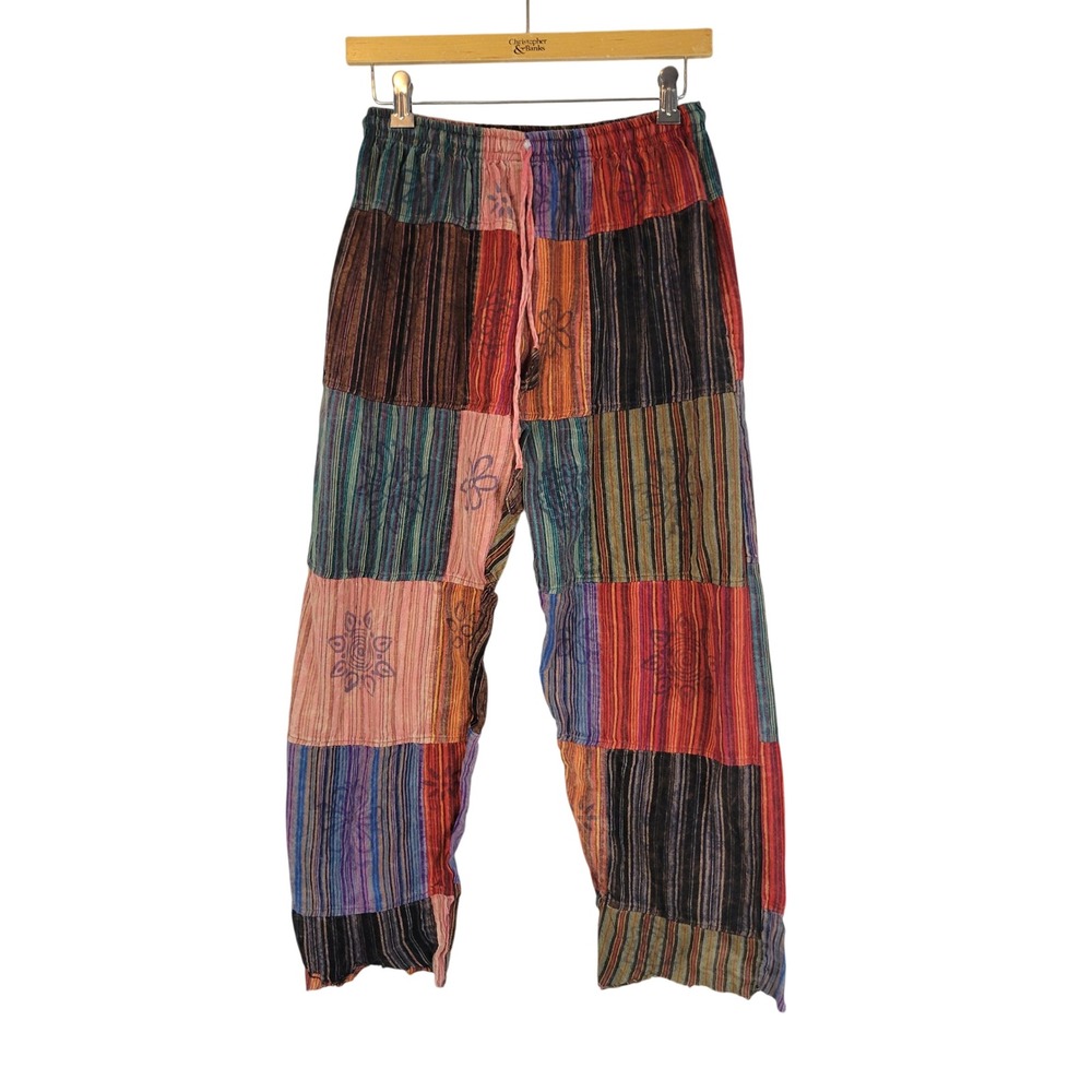 Patchwork 100% Cotton Loose Fit Pants Size Small Pull on Elastic Waist